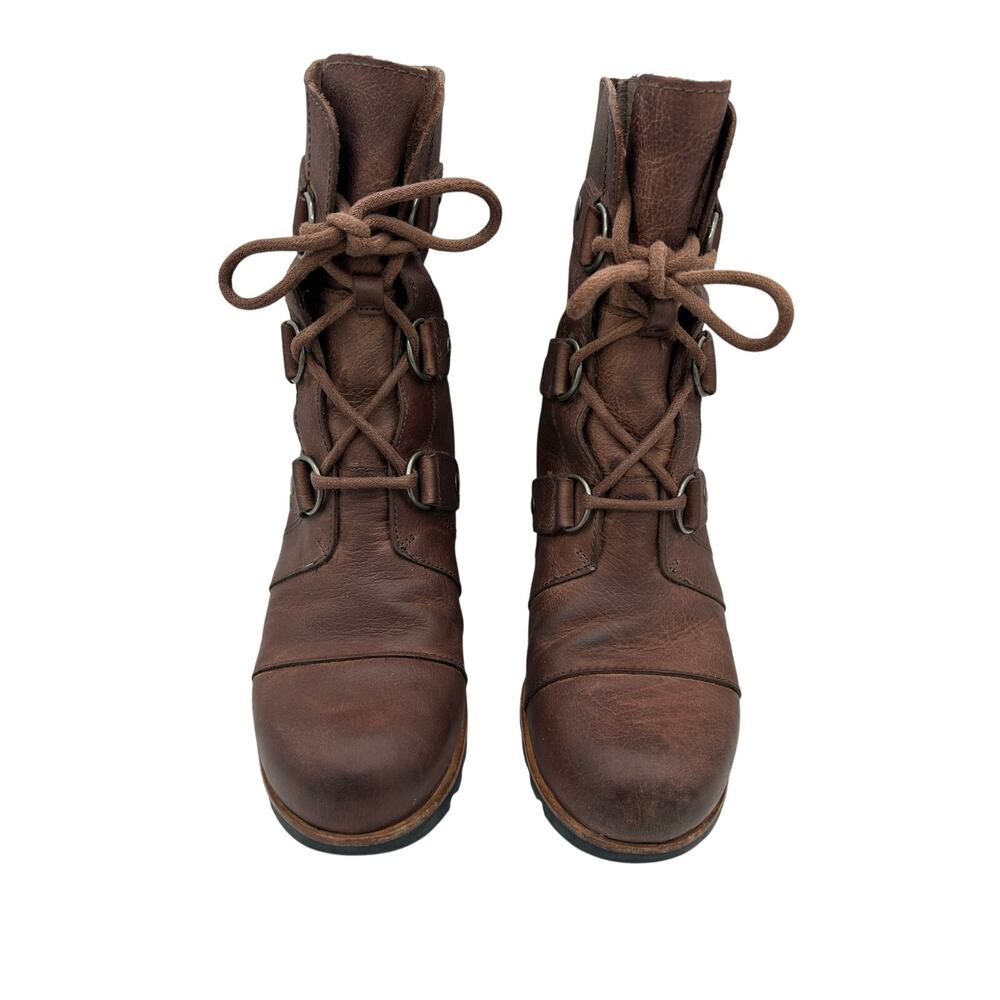 SOREL Joan of Arctic Lace up Wedge booties Ash Brown Leather Women’s 7.5 - Picture 4 of 9